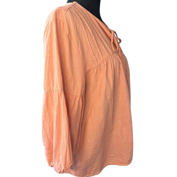 MNG Pink Peasant Blouse Size 10 Linen Blend Puff Sleeve - Picture 3 of 8